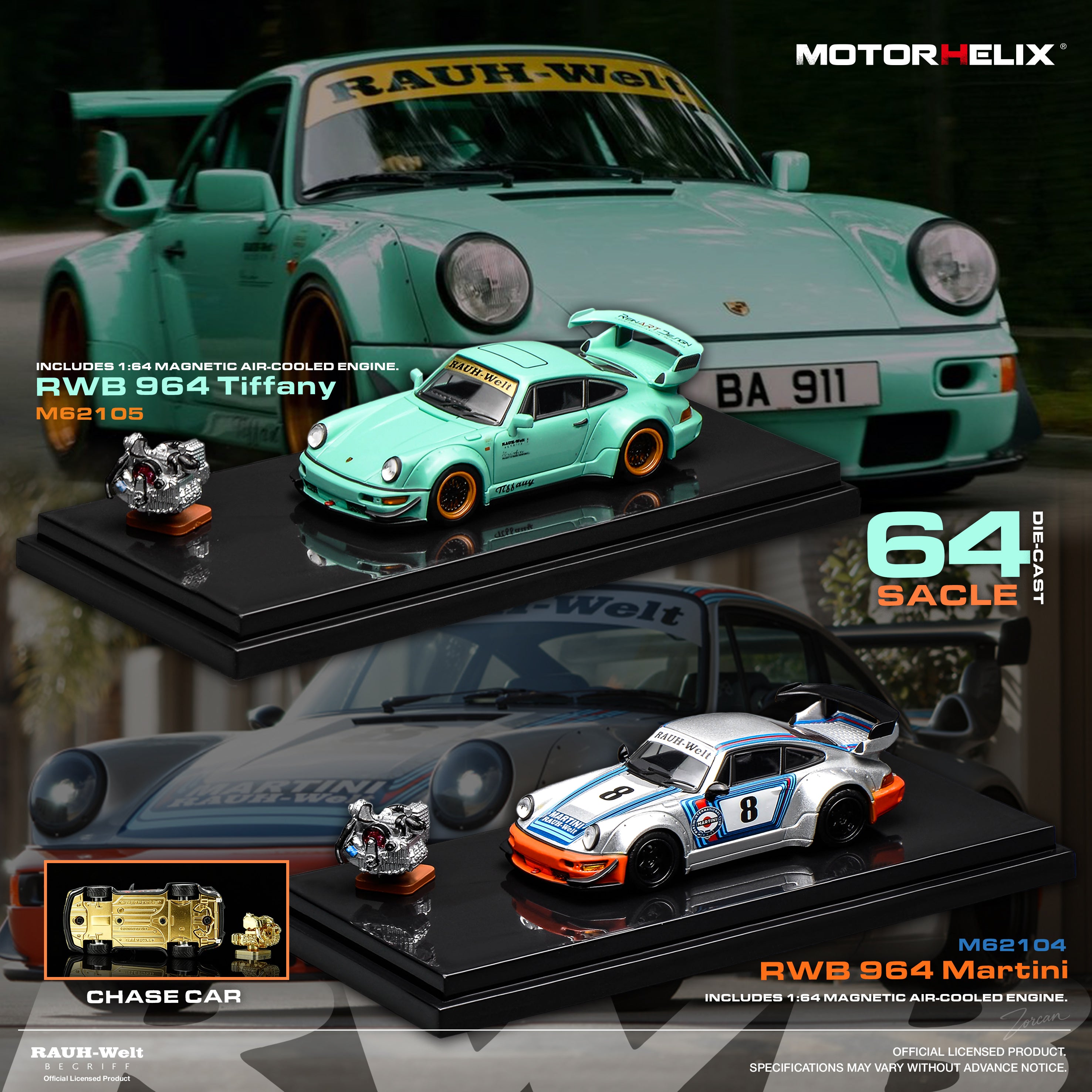(Coming Soon) MOTORHELIX 1/64 RWB 964 Martini with magnetic air-cooled engine