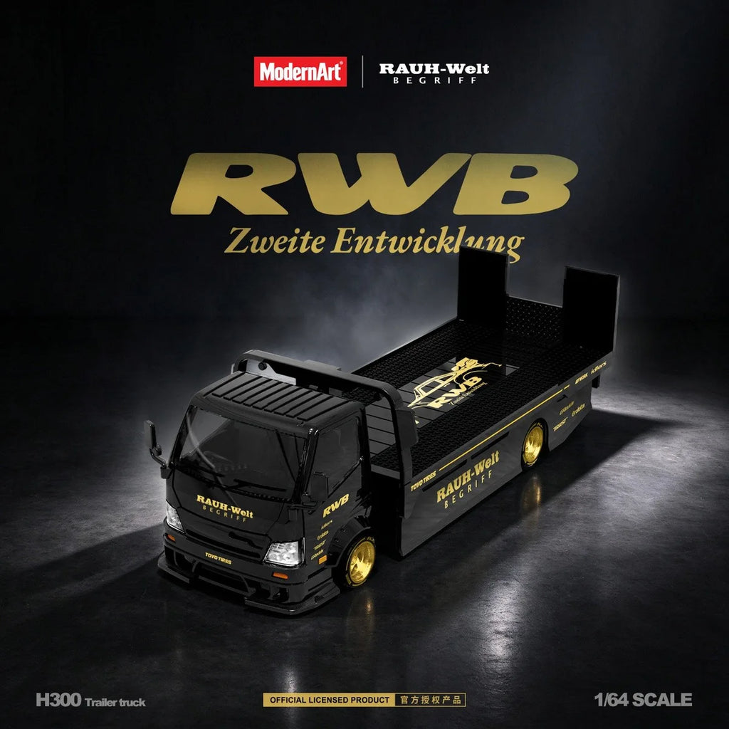 (Coming Soon) MODERNART 1:64 H300 Flat Transport Trailer RWB Coated Black Diecast Model Car