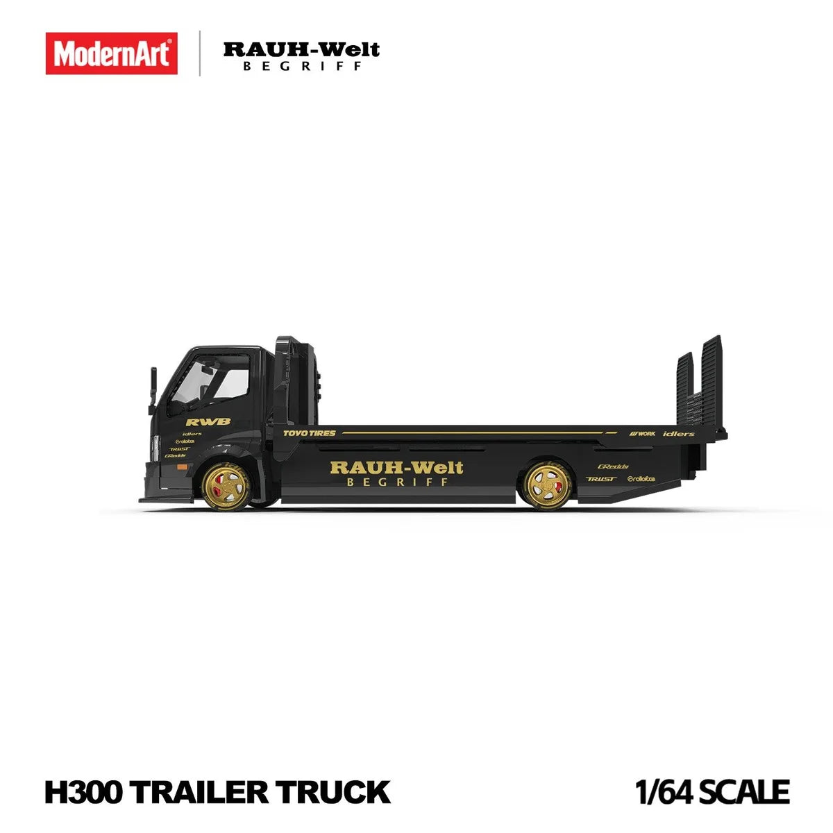(Coming Soon) MODERNART 1:64 H300 Flat Transport Trailer RWB Coated Black Diecast Model Car