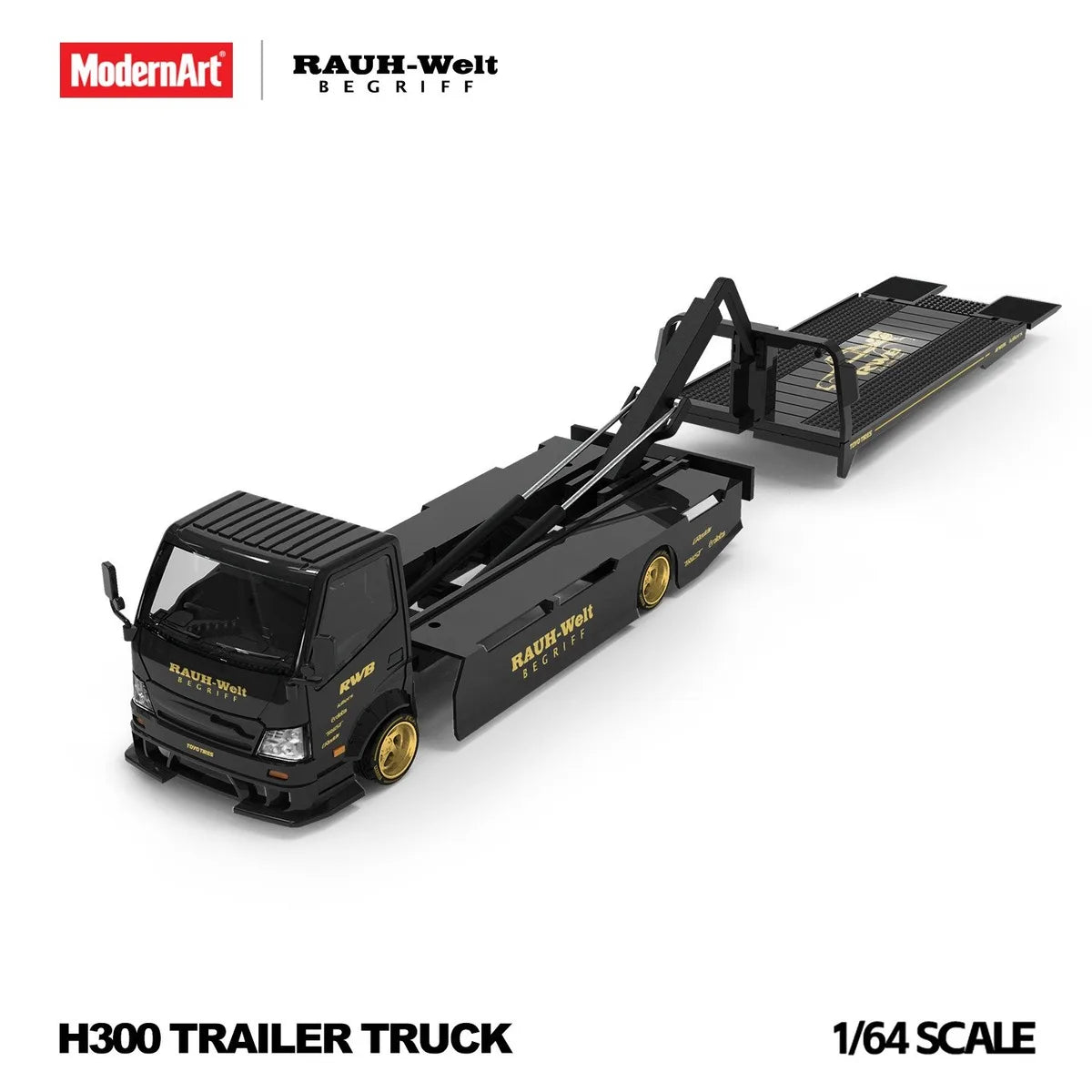 (Coming Soon) MODERNART 1:64 H300 Flat Transport Trailer RWB Coated Black Diecast Model Car