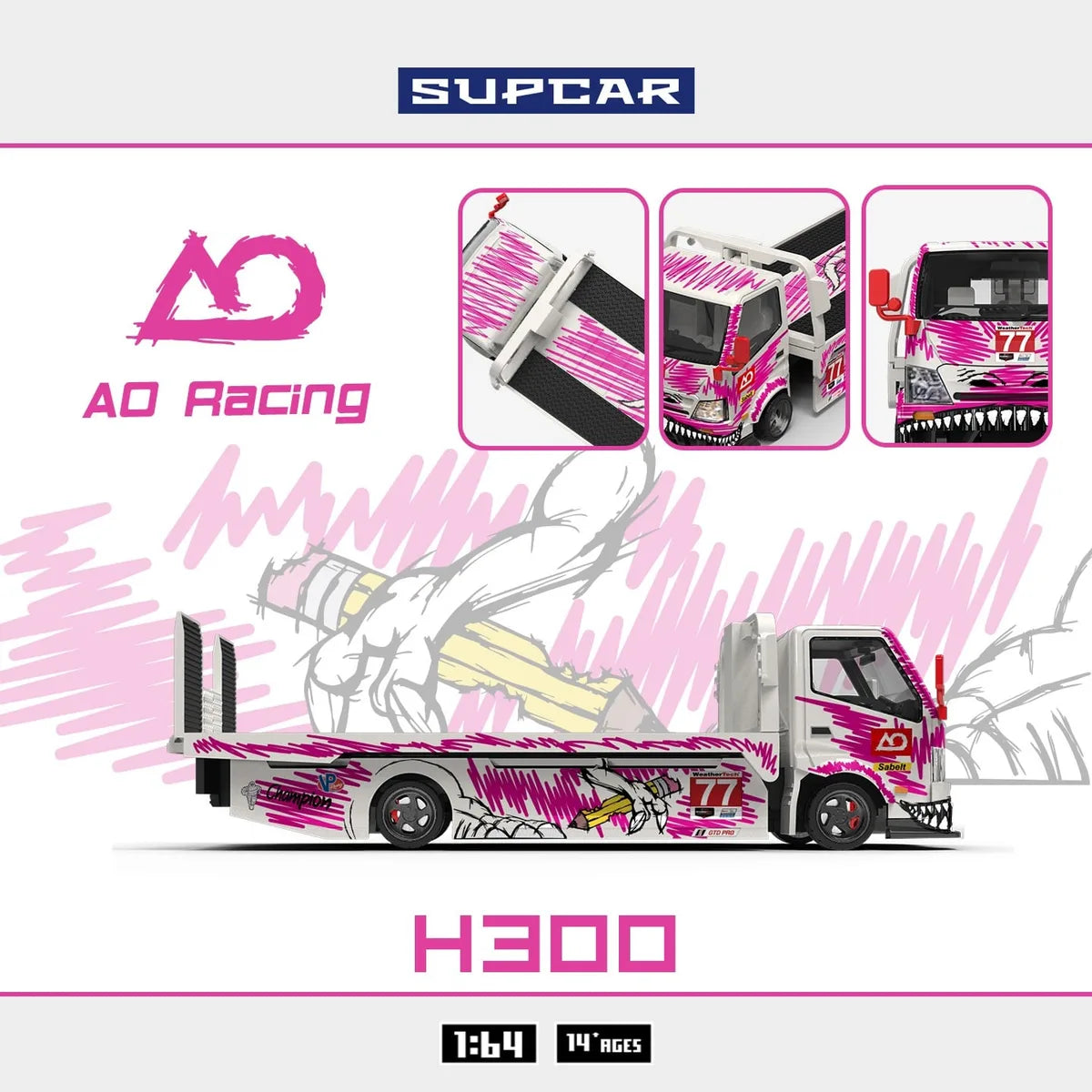 (Coming Soon) SUPCAR 1:64 H300 #77 White Powder Graffiti Dinosaur - Pink Livery Model Car
