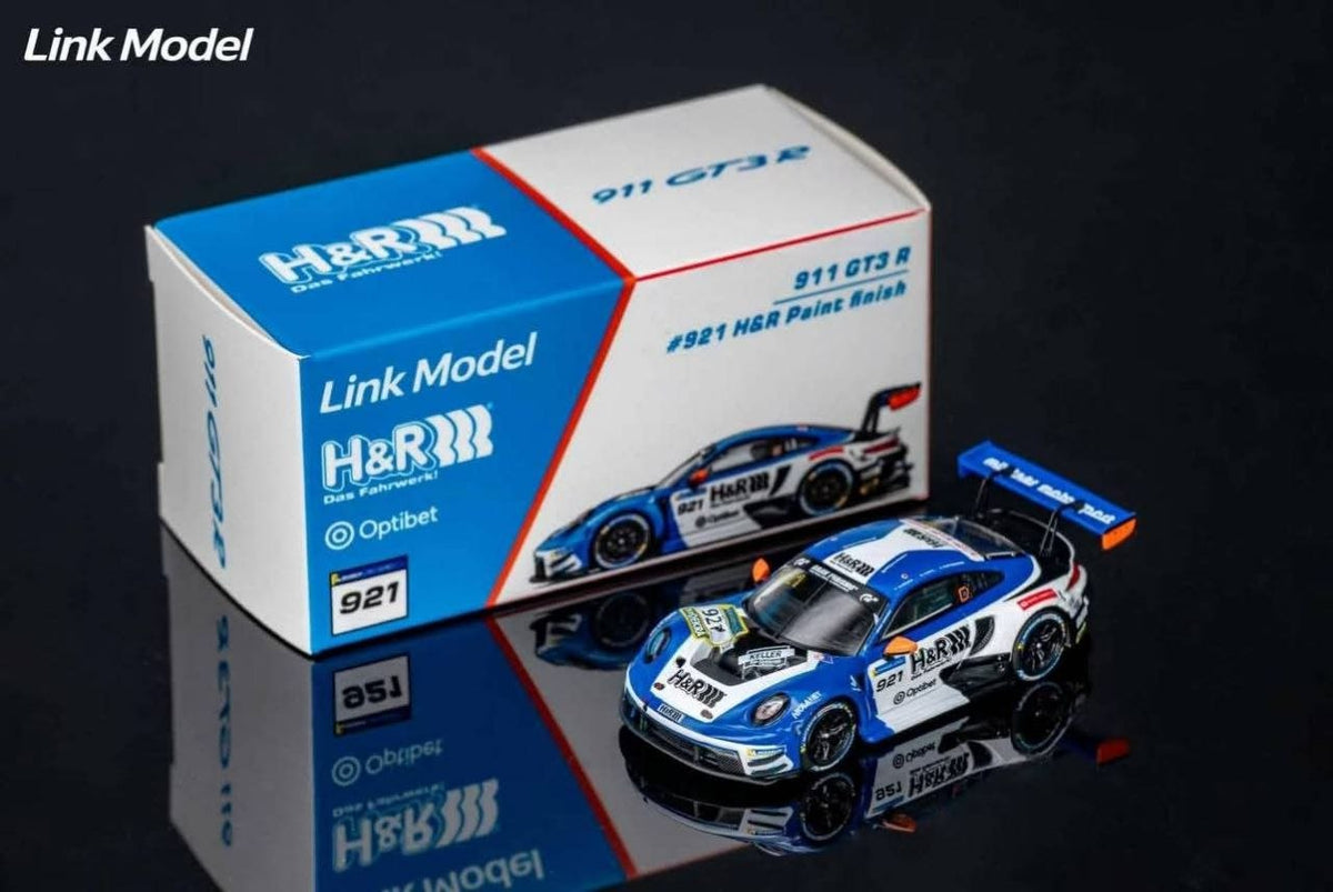 (Coming Soon) LINKMODEL 1:64 Scale Die-cast Porsche 911 GT3 R White & Blue: #921 H&R Livery