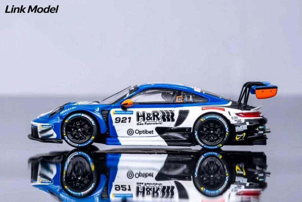 (Coming Soon) LINKMODEL 1:64 Scale Die-cast Porsche 911 GT3 R White & Blue: #921 H&R Livery