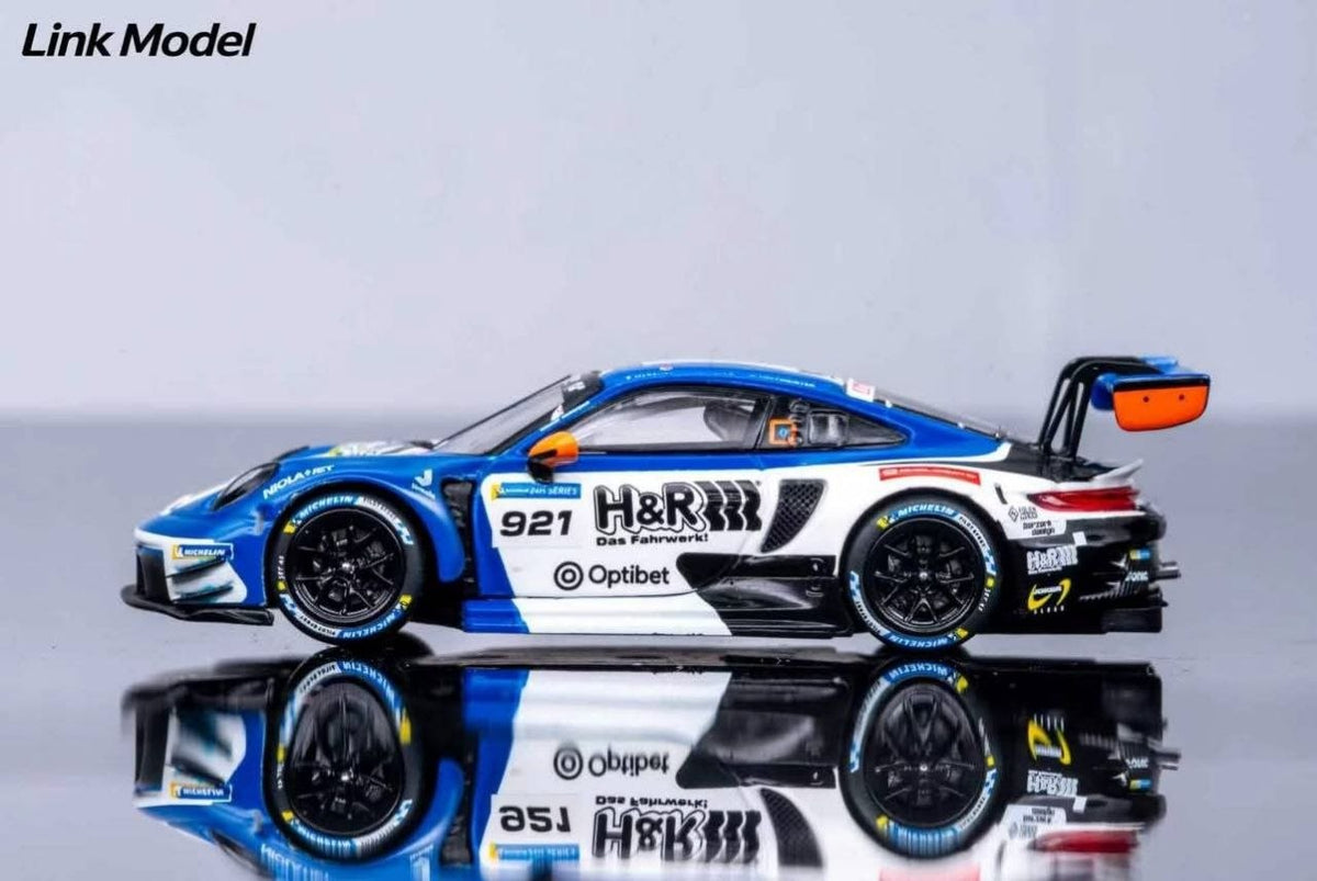 (Coming Soon) LINKMODEL 1:64 Scale Die-cast Porsche 911 GT3 R White & Blue: #921 H&R Livery