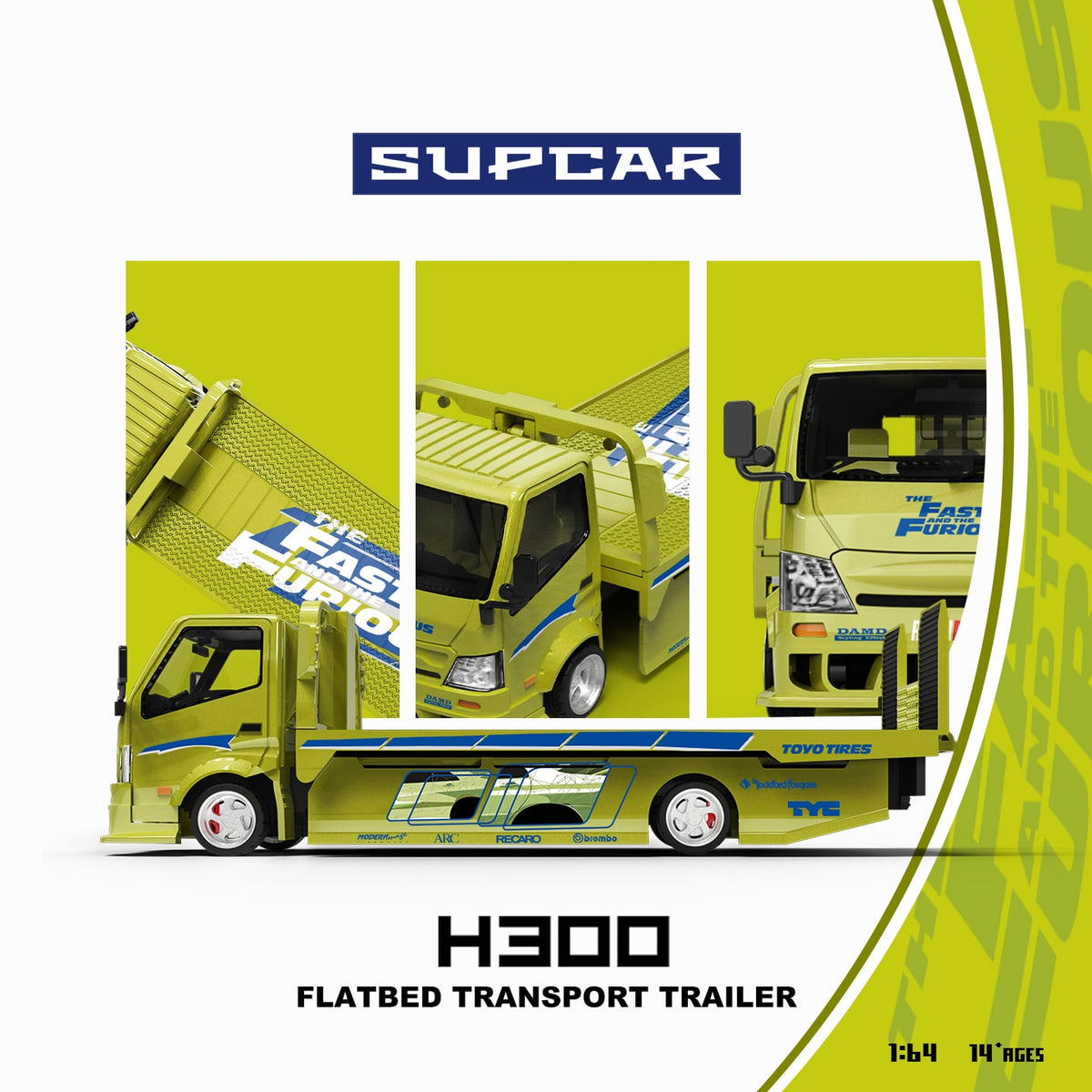 (Coming Soon) SUPCAR 1:64 H300 Flatbed Transport Trailer – Fast & Furious, Lime Yellow