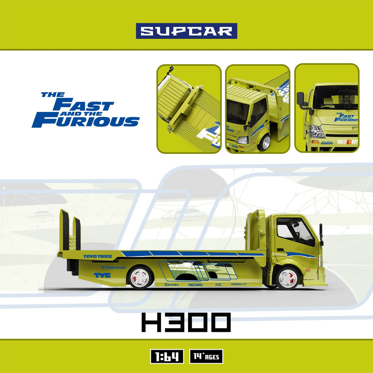 (Coming Soon) SUPCAR 1:64 H300 Flatbed Transport Trailer – Fast & Furious, Lime Yellow