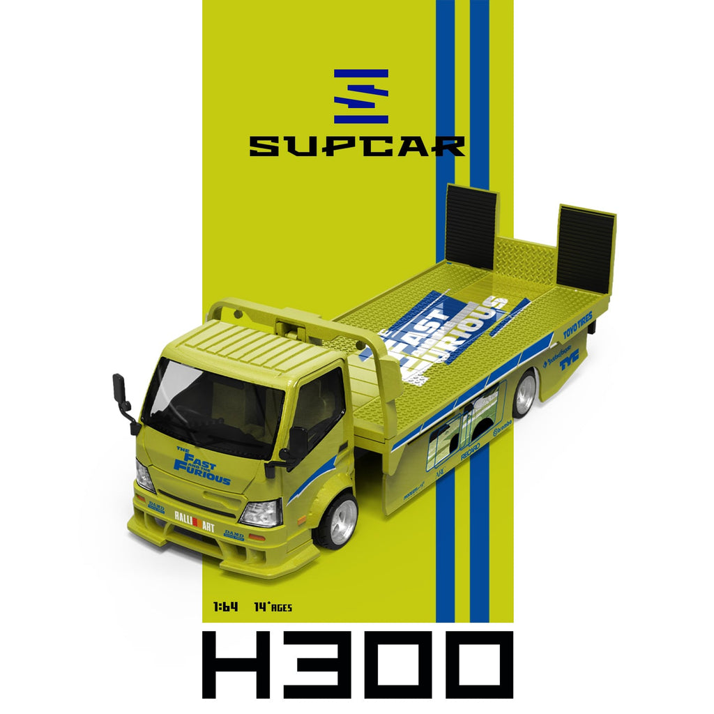 (Coming Soon) SUPCAR 1:64 H300 Flatbed Transport Trailer – Fast & Furious, Lime Yellow
