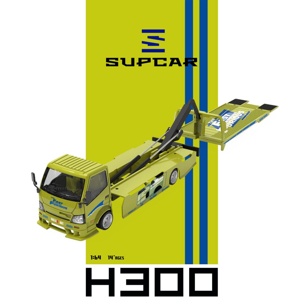 (Coming Soon) SUPCAR 1:64 H300 Flatbed Transport Trailer – Fast & Furious, Lime Yellow