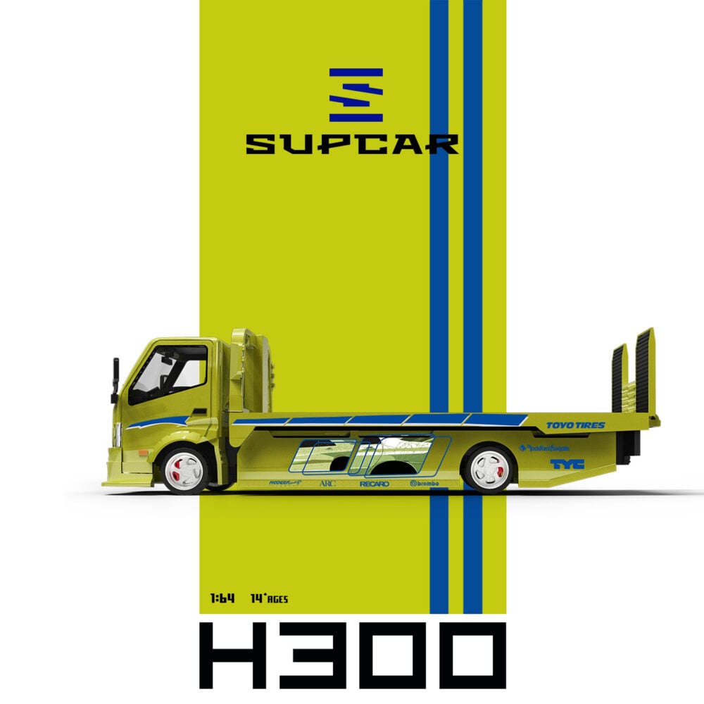(Coming Soon) SUPCAR 1:64 H300 Flatbed Transport Trailer – Fast & Furious, Lime Yellow