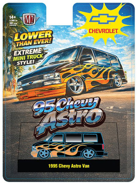 (Coming Soon) M2 MACHINES 1:64 1995 Chevrolet Astro Van – Black with Flames – Hobby Exclusive