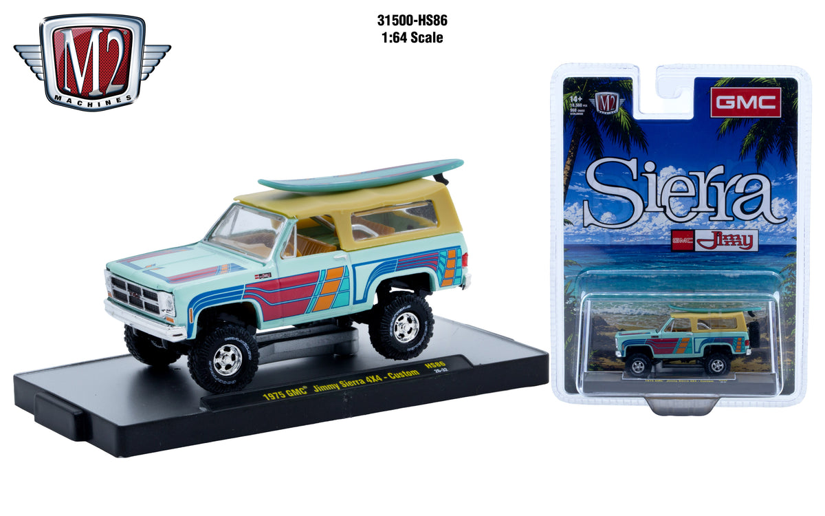 (Coming Soon) M2 MACHINES 1:64 1975 GMC Jimmy Sierra 4×4 Custom w/ Surfboard – Turquoise – Hobby Exclusive