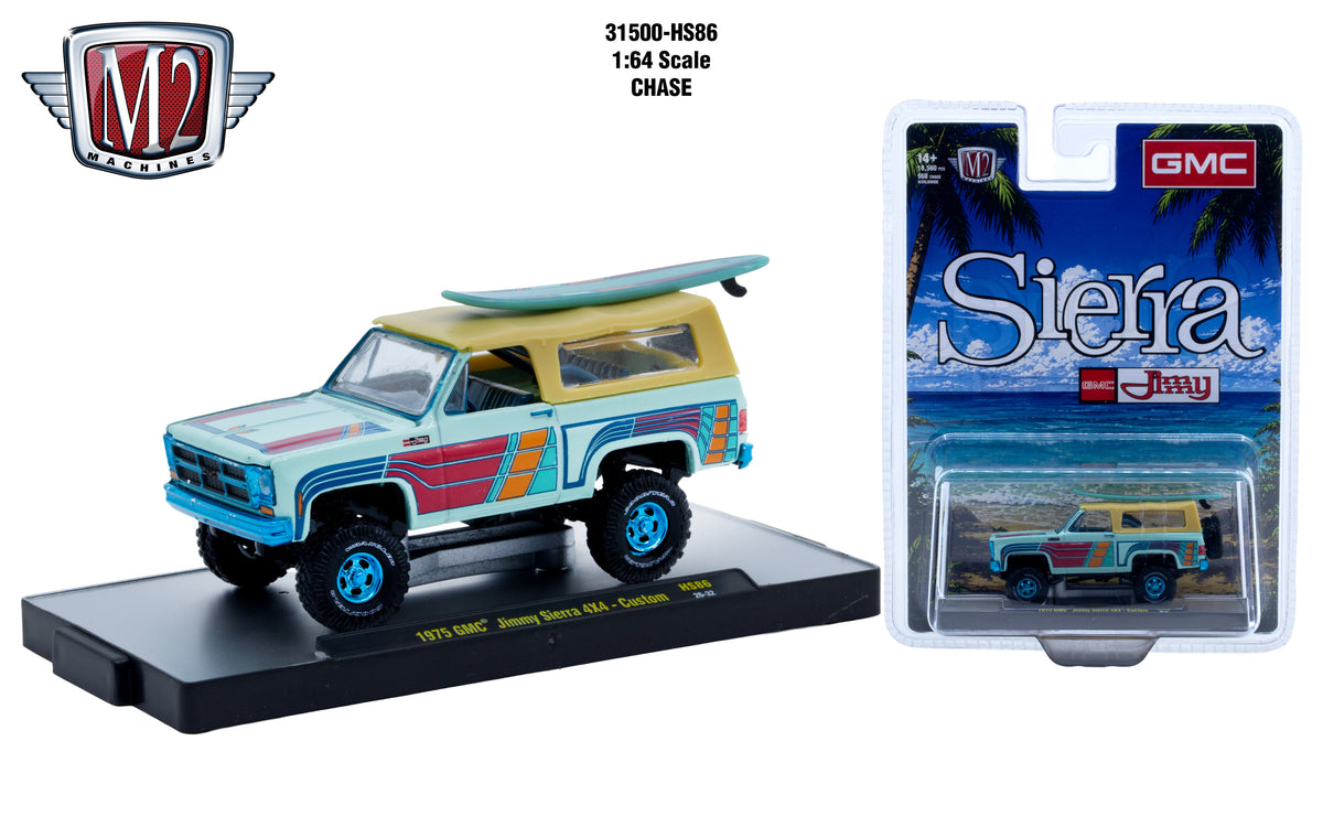 (Coming Soon) M2 MACHINES 1:64 1975 GMC Jimmy Sierra 4×4 Custom w/ Surfboard – Turquoise – Hobby Exclusive