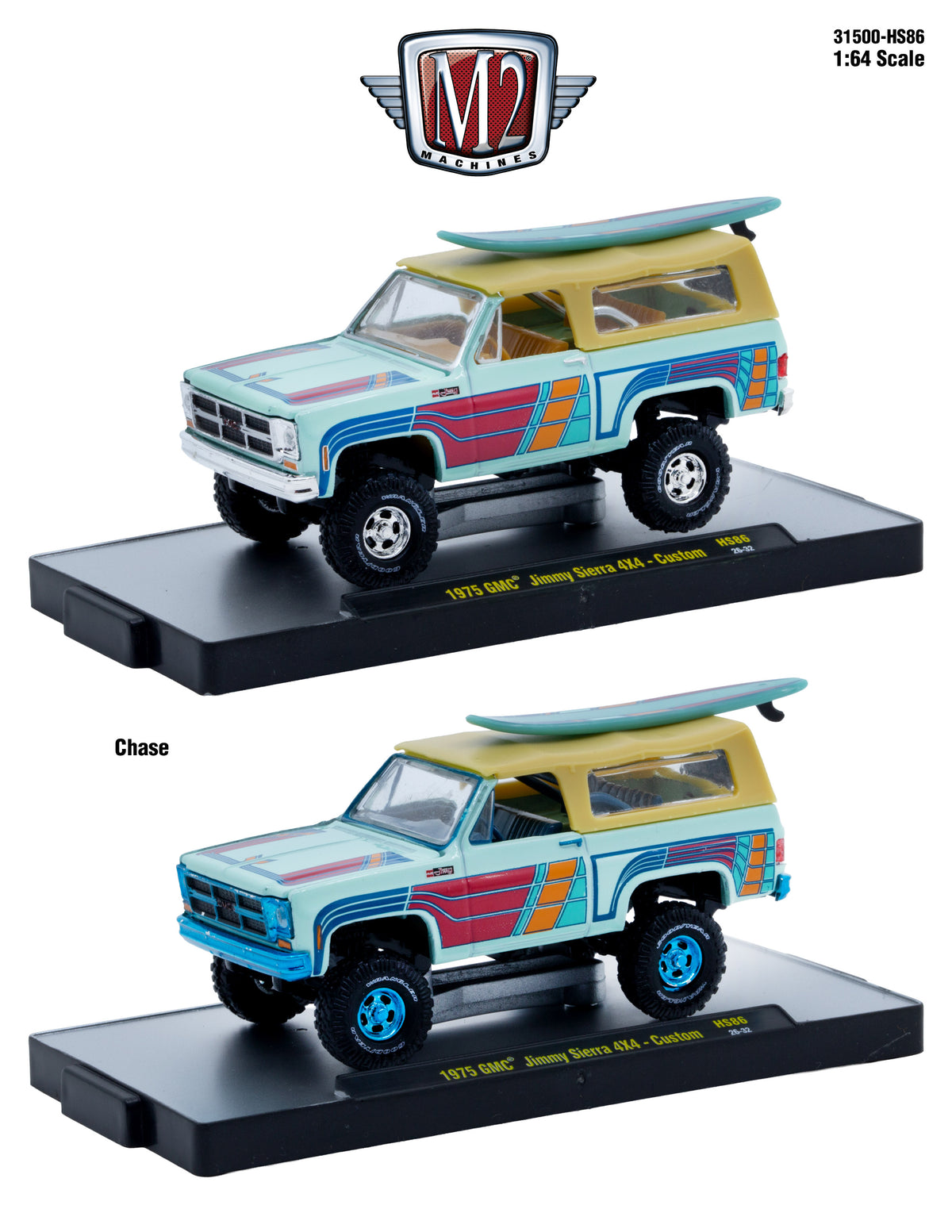 (Coming Soon) M2 MACHINES 1:64 1975 GMC Jimmy Sierra 4×4 Custom w/ Surfboard – Turquoise – Hobby Exclusive