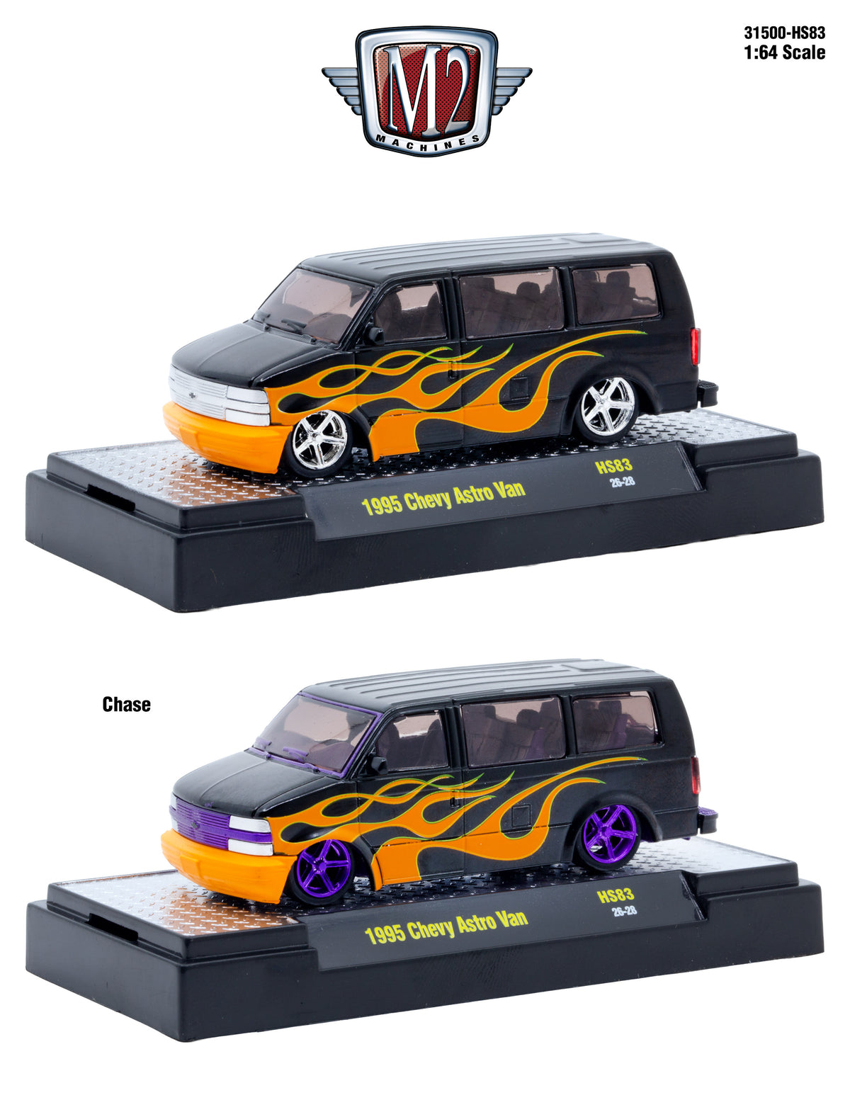 (Coming Soon) M2 MACHINES 1:64 1995 Chevrolet Astro Van – Black with Flames – Hobby Exclusive