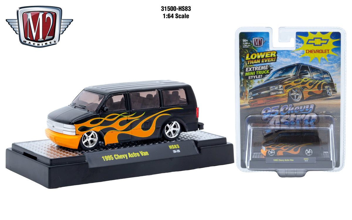 (Coming Soon) M2 MACHINES 1:64 1995 Chevrolet Astro Van – Black with Flames – Hobby Exclusive