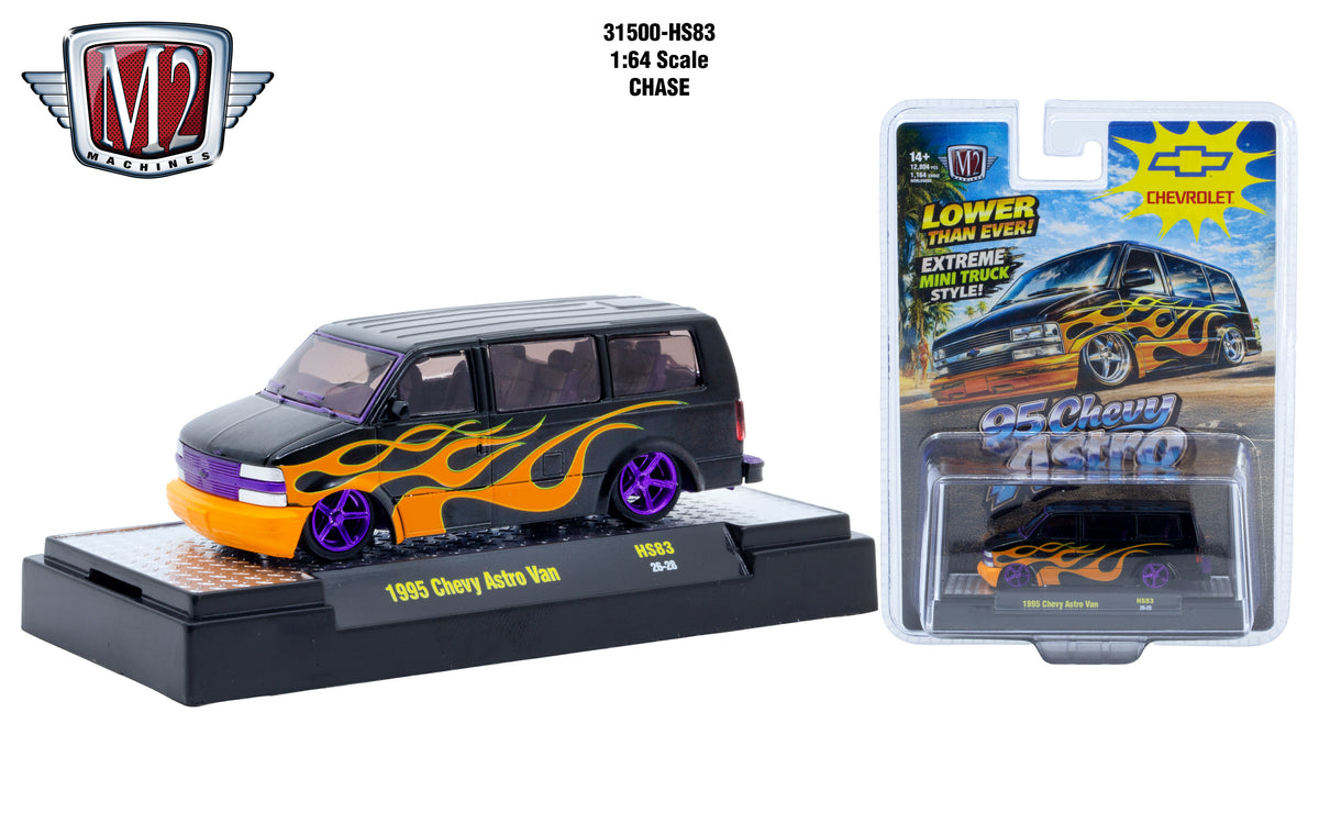 (Coming Soon) M2 MACHINES 1:64 1995 Chevrolet Astro Van – Black with Flames – Hobby Exclusive