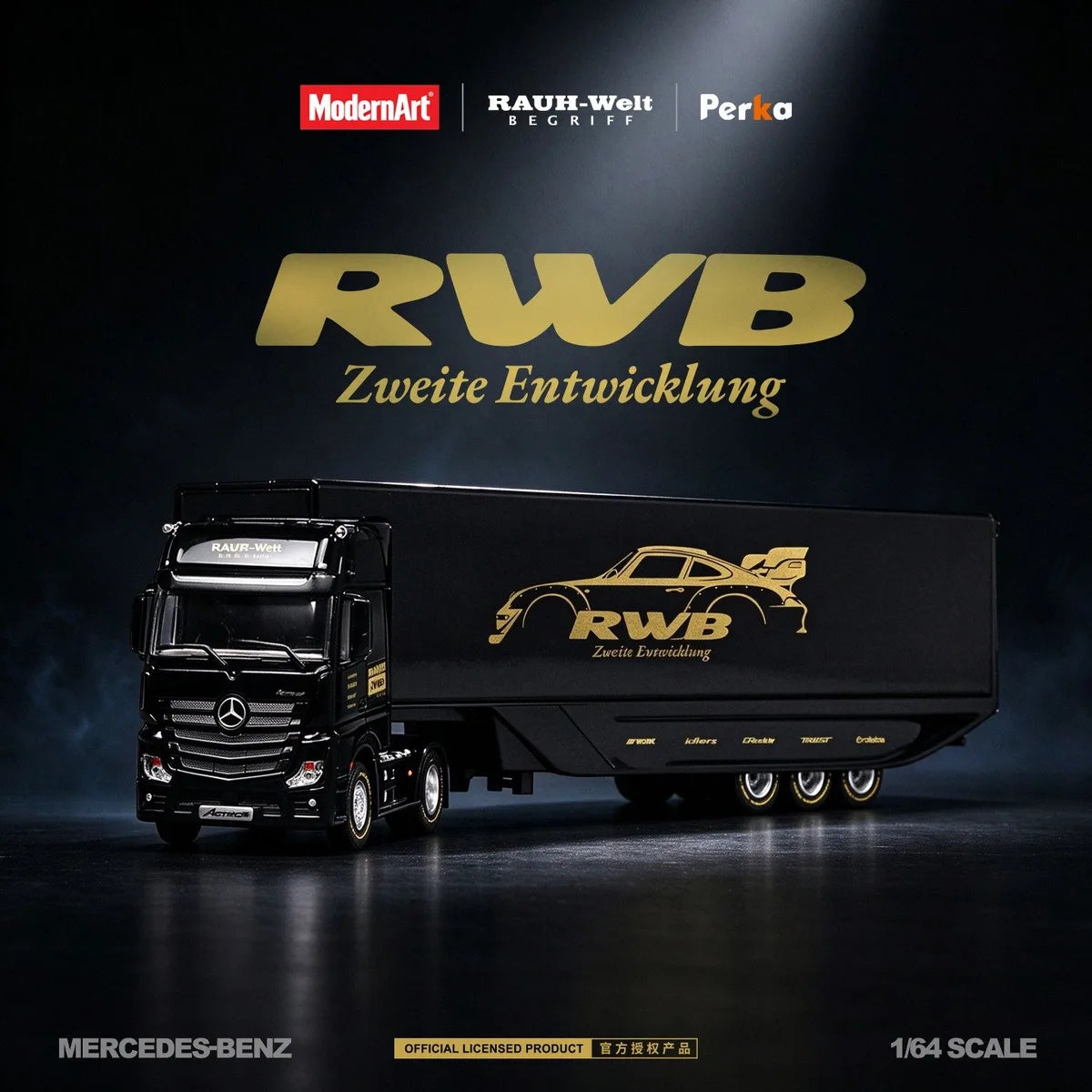 (Coming Soon) MODERNART 1:64 Mercedes Wingspan Dropside Semi-trailer Transporter RWB Coated