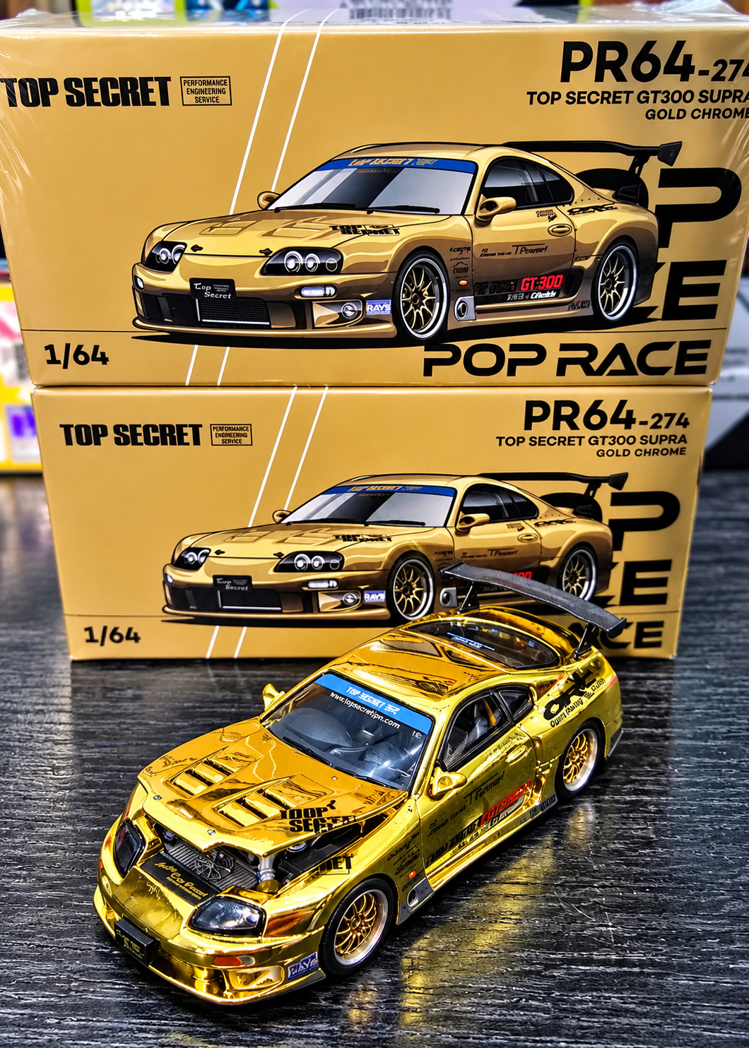 POPRACE 1/64 TOP SECRET GT300 Supra - Gold Chrome - PR640274 Diecast Model Car