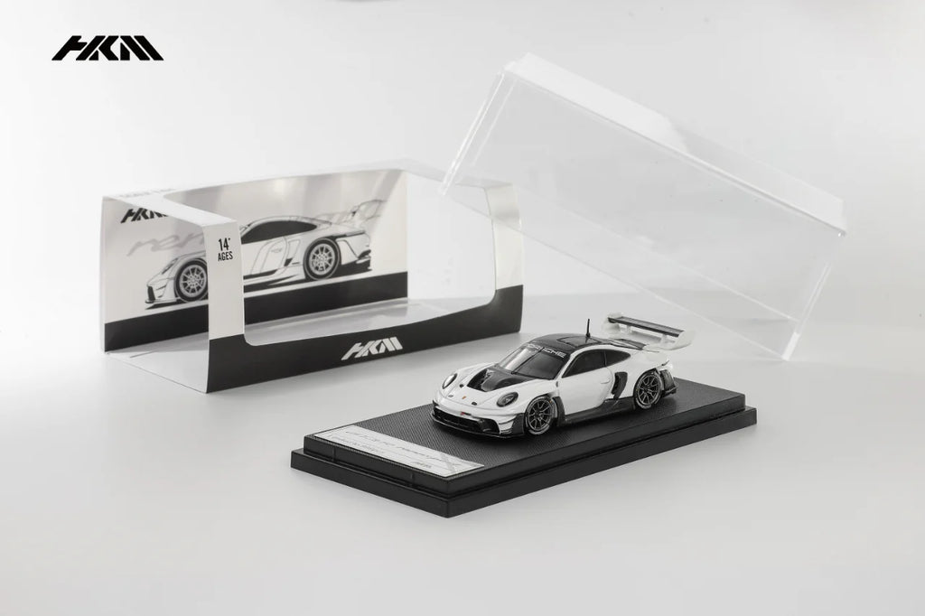 (Pre-Order) HKM 1:64 911(992) GT3 R Rennsport Large Tail Wing White/Carbon Black Model Car