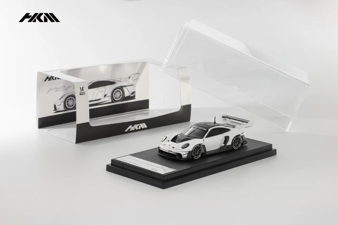 (Pre-Order) HKM 1:64 911(992) GT3 R Rennsport Large Tail Wing White/Carbon Black Model Car