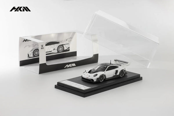 HKM 1:64 911(992) GT3 R Rennsport Large Tail Wing White/Carbon Black Model Car