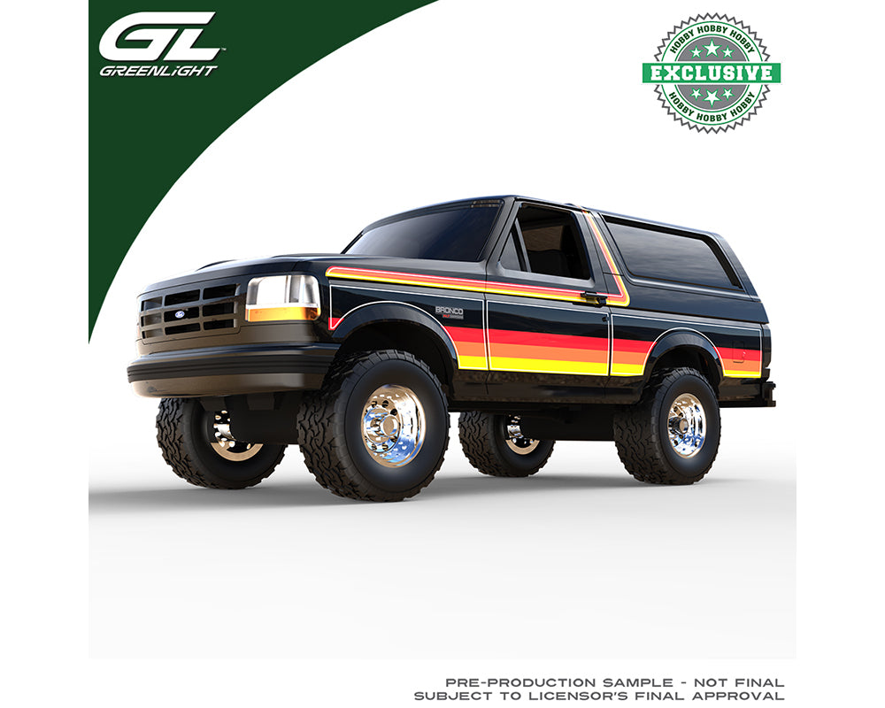 (Coming Soon) GREENLIGHT 1:64 1996 Ford Bronco XLT – Black w/ Sunset Stripes – Hobby Exclusive