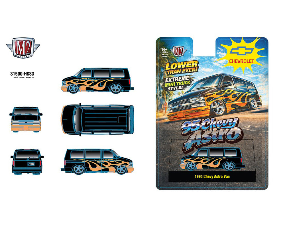 (Coming Soon) M2 Machines 1:64 1995 Chevrolet Astro Van – Black with Flames – Hobby Exclusive
