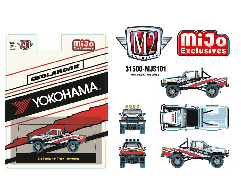 (Coming Soon) M2 Machines 1:64 1985 Toyota 4×4 Off-Road Pickup Yokohama Geolandar – White – MiJo Exclusives