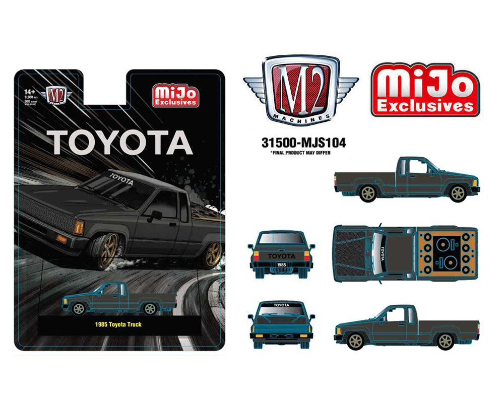 (Coming Soon) M2 Machines 1:64 1985 Toyota Pickup Truck Slammed Custom – Matte Grey w/ Carbon Hood – MiJo Exclusives