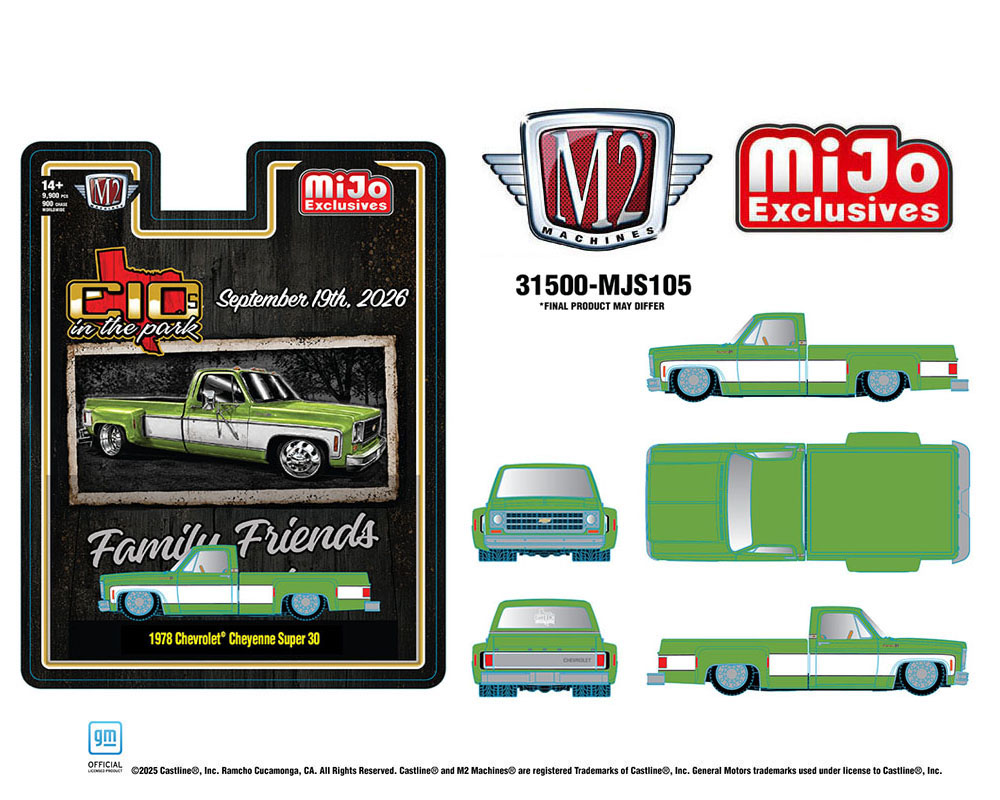 (Coming Soon) M2 MACHINES 1:64 Diorama Series 2026 “C10s In The Park” 1978 Chevrolet Cheyenne Super 30 – Two-Tone Green White – Mijo Exclusives