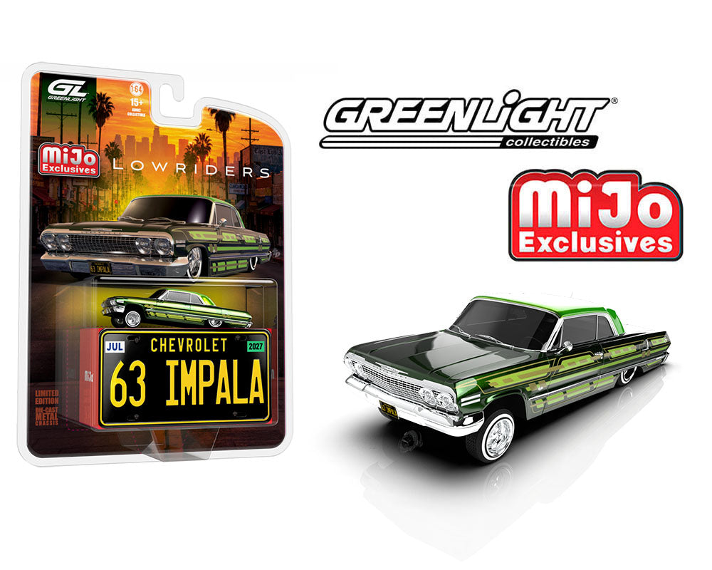 (Coming Soon) GREENLIGHT  1:64 Lowriders 1963 Chevrolet Impala SS w/ Mini Metal License Plate – Dark Green – Mijo Exclusives