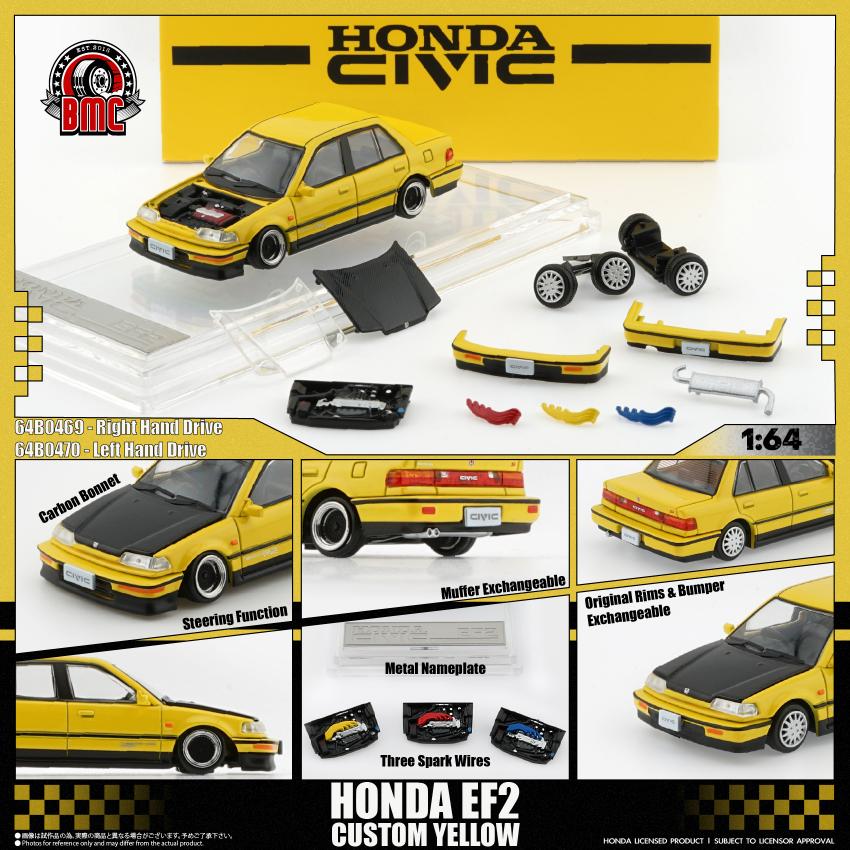 (Coming Soon) BMC 1/64 HONDA CIVIC EF2 1991 - Custom Yellow with Black Bonnet LHD