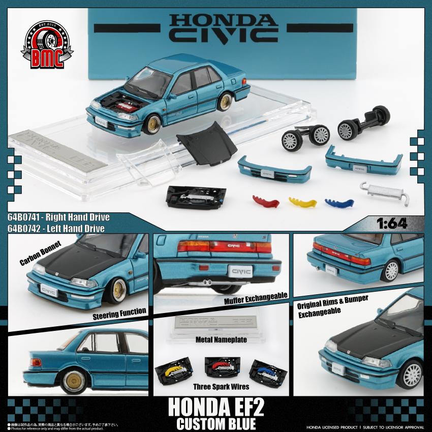 (Coming Soon) BMC 1/64 HONDA CIVIC EF2 1991 - Custom Blue with Black Bonnet LHD