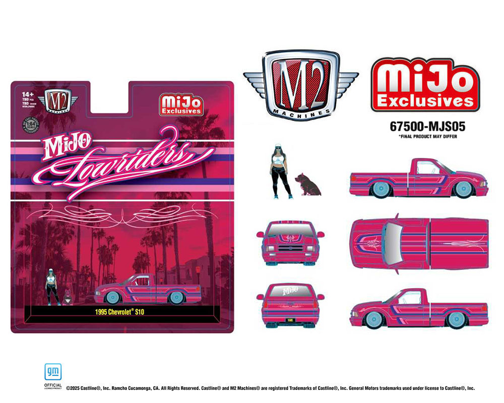 (Coming Soon) M2 Machines 1995 Chevrolet S10 Lowriders with Girl & Pitbull Dog Figures – Pink – Mijo Exclusives