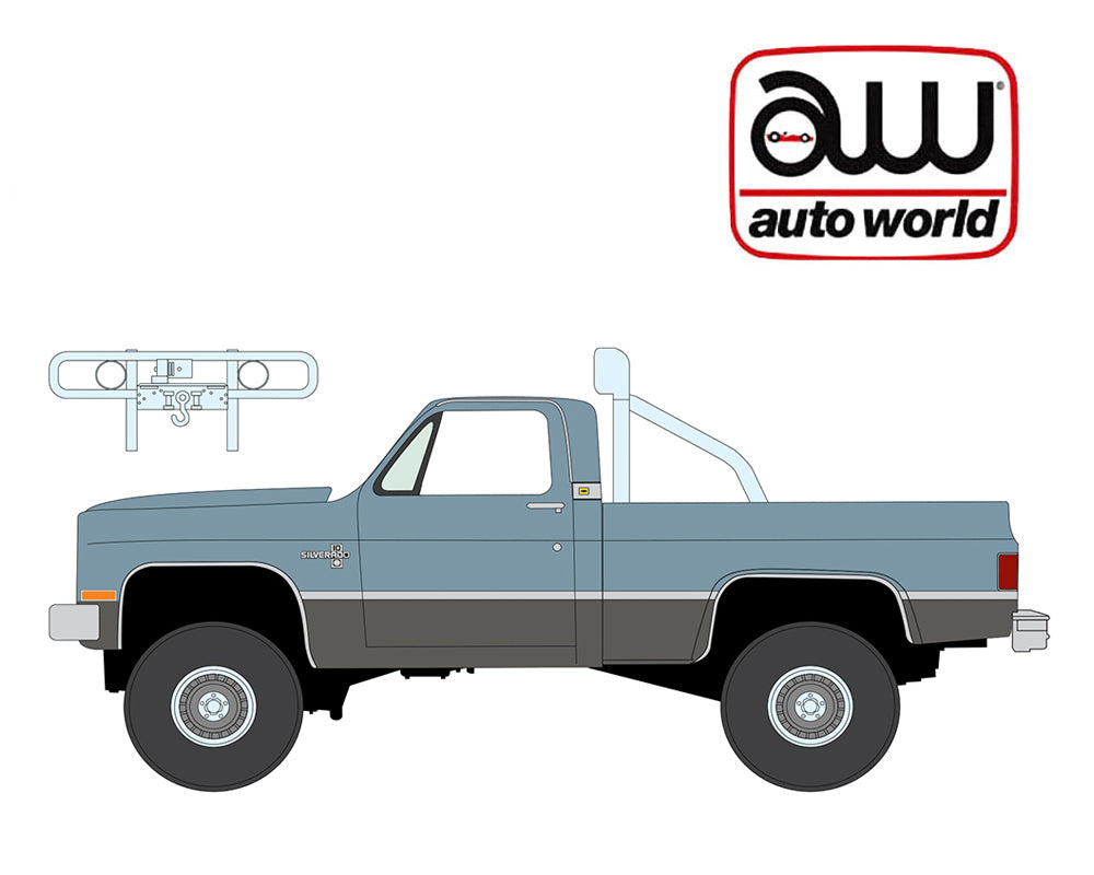 (Coming Soon) Auto World 1987 Chevy Silverado Fleetside 4×4 w/Roll Bar & Push Bar- Light Blue