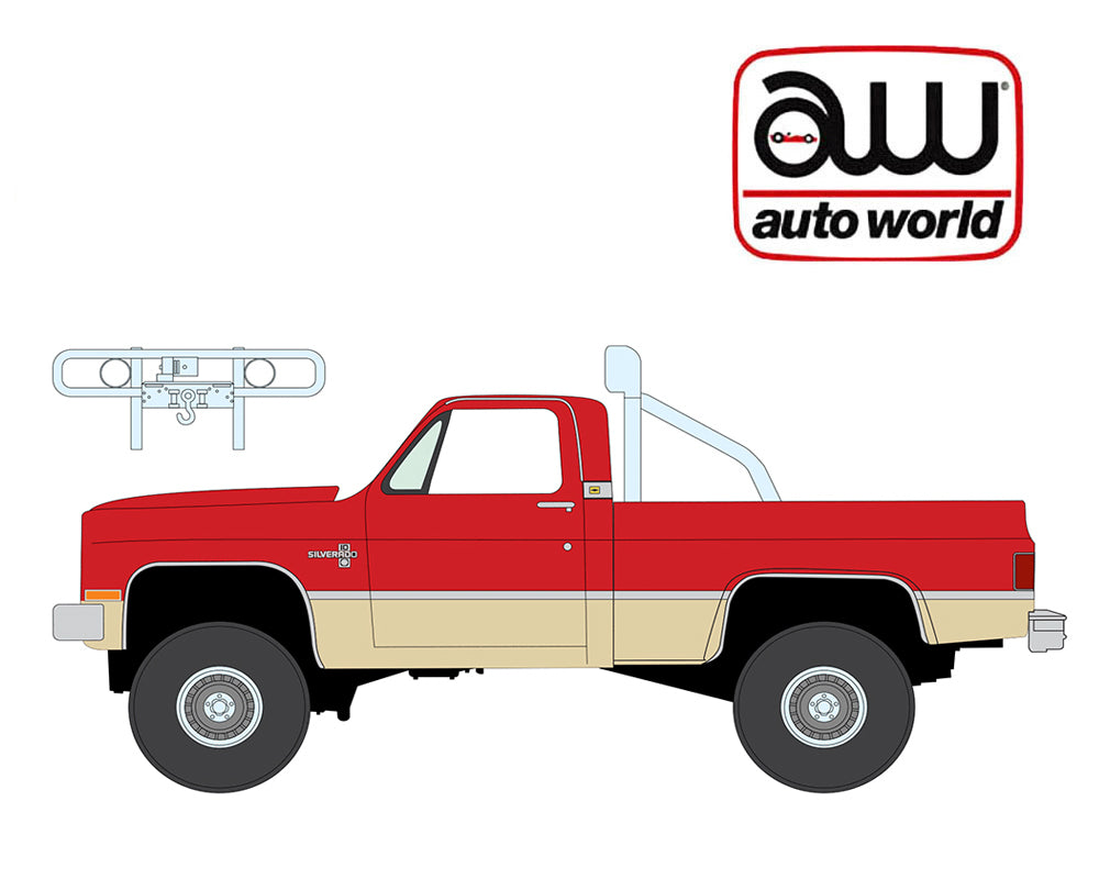 (Coming Soon) Auto World 1987 Chevy Silverado Fleetside 4×4 w/Roll Bar & Push Bar- Red