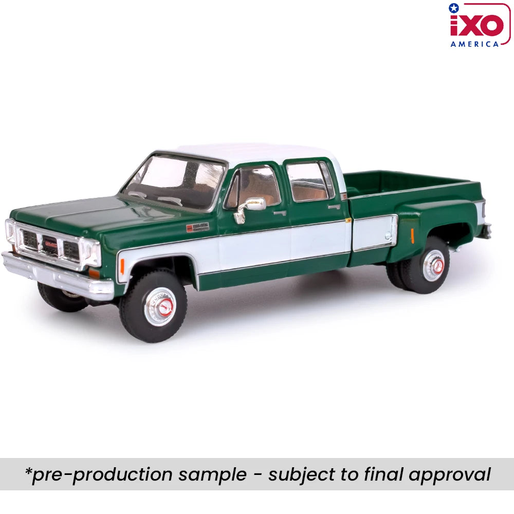 (Coming Soon) IXO America 1:64 Scale 1973 GMC Sierra Grande 3500 Crew Cab Dually - Glenwood Green and Frost White