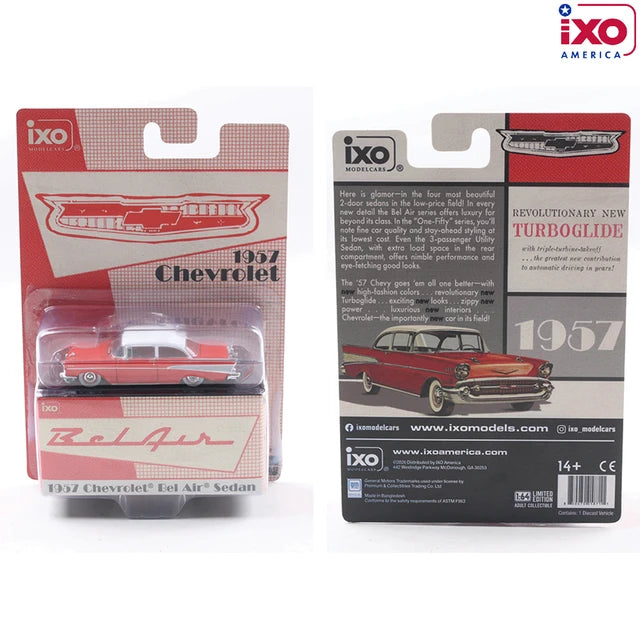 (Coming Soon) IXO America 1:64 Scale 1957 Chevrolet Bel Air Sedan - Matador Red and India Ivory