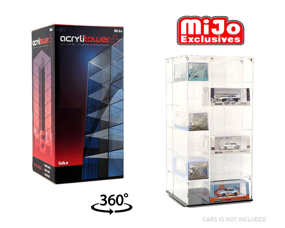 Showcase 1:64 Acrylitower+ Large 24-Car Display Desk Top Spinner with Magnetic Cover (8″x 8″x16.25″) – MiJo Exclusives