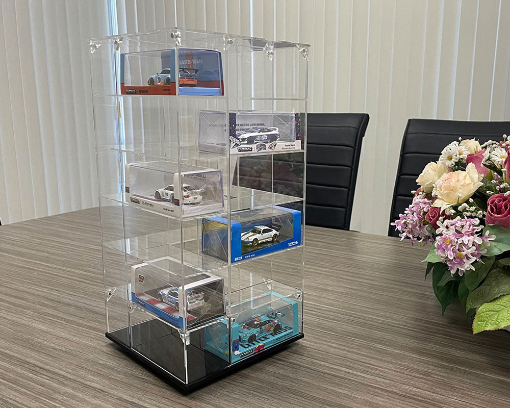 Showcase 1:64 Acrylitower+ Large 24-Car Display Desk Top Spinner with Magnetic Cover (8″x 8″x16.25″) – MiJo Exclusives