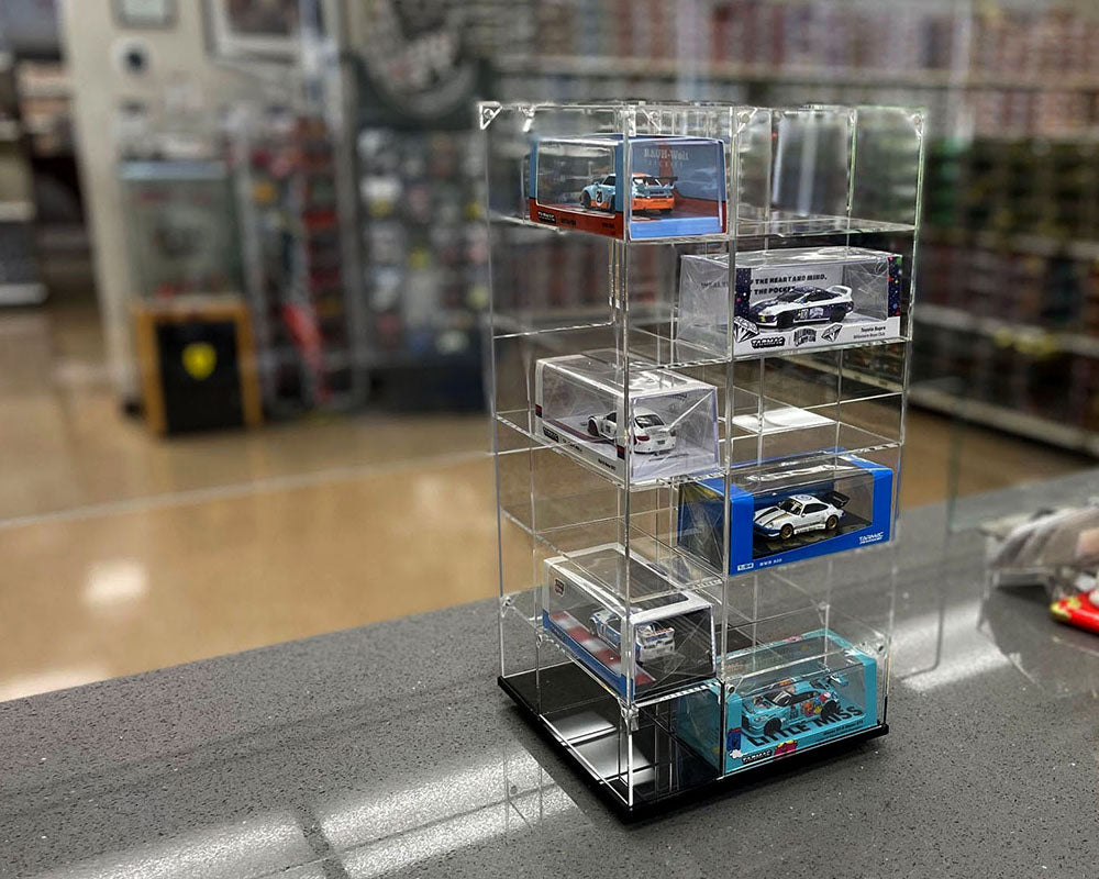 Showcase 1:64 Acrylitower+ Large 24-Car Display Desk Top Spinner with Magnetic Cover (8″x 8″x16.25″) – MiJo Exclusives