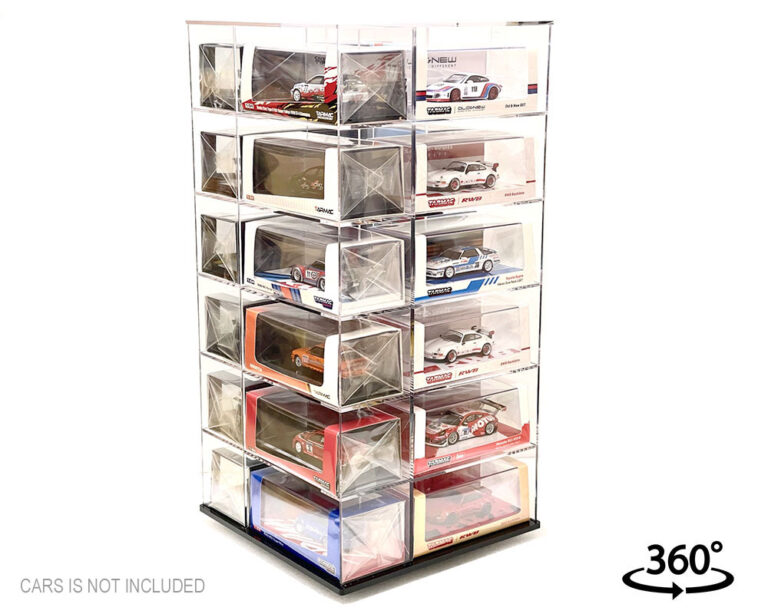 Showcase 1:64 Acrylitower+ Large 24-Car Display Desk Top Spinner with Magnetic Cover (8″x 8″x16.25″) – MiJo Exclusives