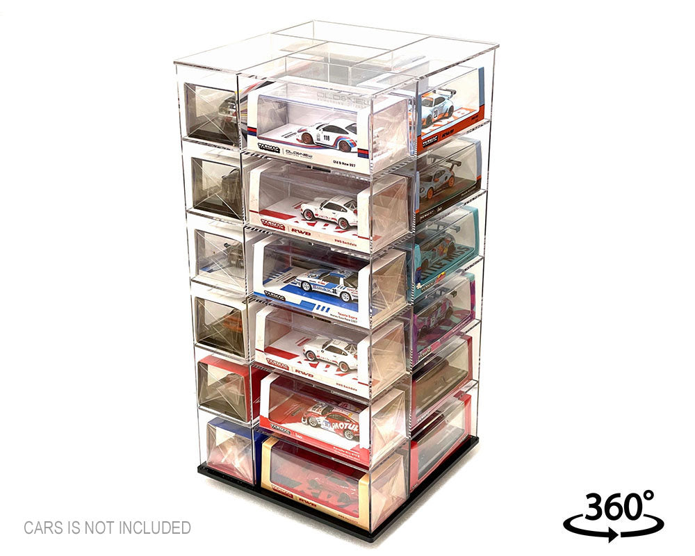 Showcase 1:64 Acrylitower+ Large 24-Car Display Desk Top Spinner with Magnetic Cover (8″x 8″x16.25″) – MiJo Exclusives