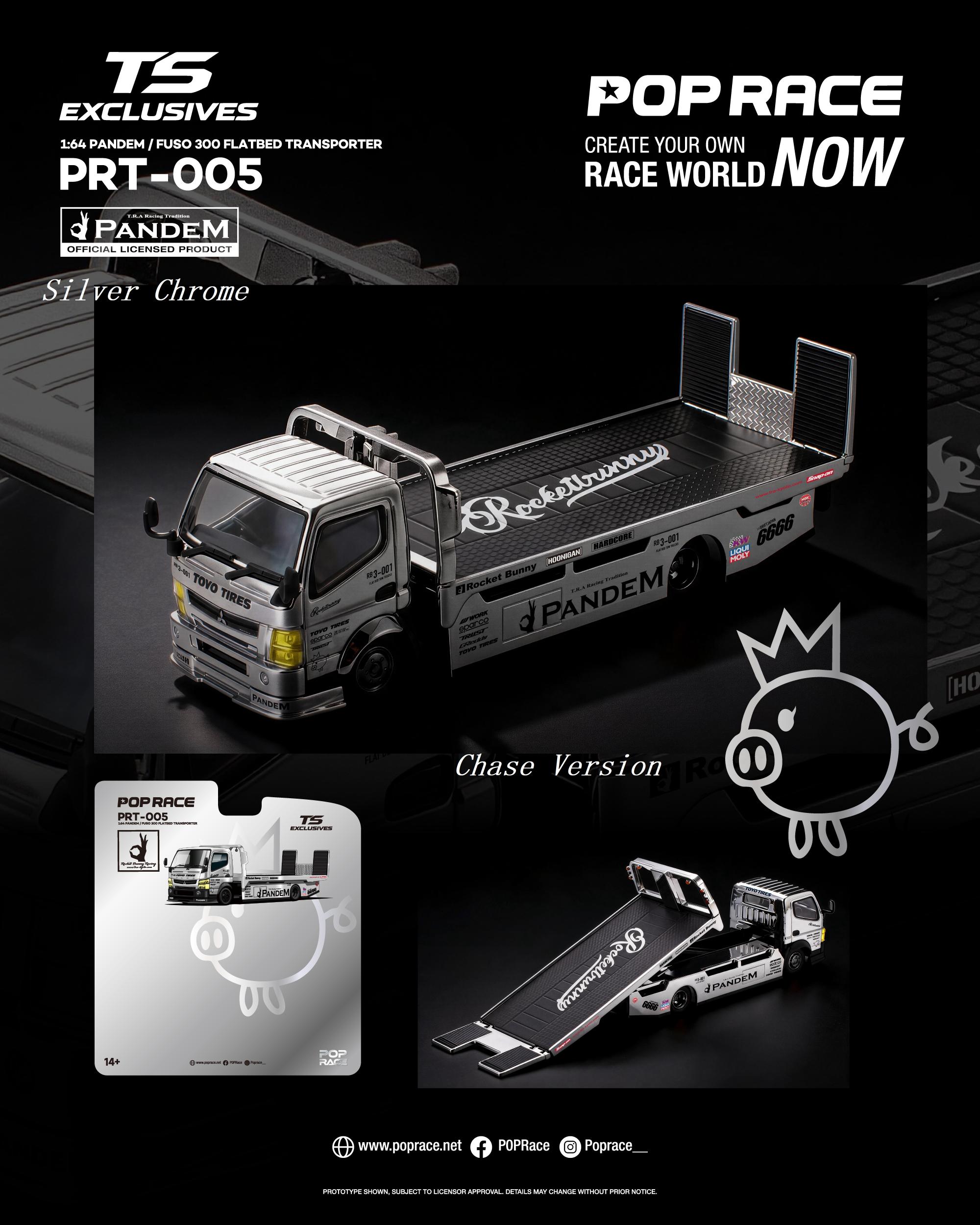 (Pre-Order) 12 Pcs (11 Regular & 1 Chase) POPRACE x TS Exclusives 1/64 PANDEM FUSO 300 Flatbed Transporter SILVER CHROME **DEADLINE July 10th 2026**