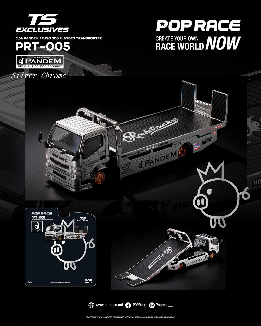(Pre-Order) POPRACE x TS Exclusives 1/64 PANDEM FUSO 300 Flatbed Transporter SILVER CHROME *Chase randomly distributed* **DEADLINE July 10th 2026**