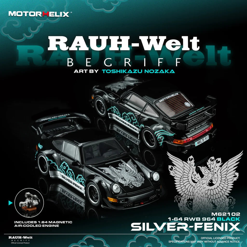 (Coming Soon) Motorhelix 1/64 RWB 964 Black SILVER-FENIX with 1/64 magnetic air-cooled engine