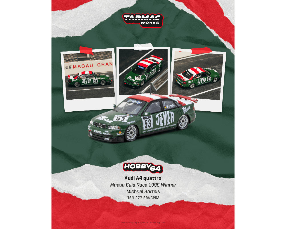 (Coming Soon) Tarmac Works 1:64 Audi A4 quattro Macau Guia Race 1999 Winner Michael Bartels – Hobby64