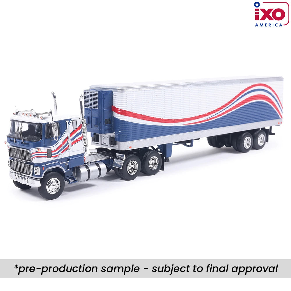 (Coming Soon) IXO America 1:64 Scale 1976 Ford CL 9000 Red, White, and Blue with Vintage Trailer