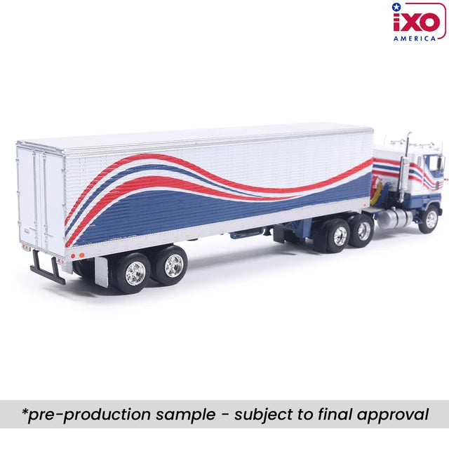 (Coming Soon) IXO America 1:64 Scale 1976 Ford CL 9000 Red, White, and Blue with Vintage Trailer