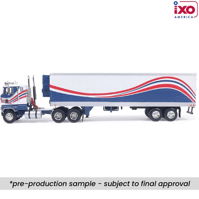 (Coming Soon) IXO America 1:64 Scale 1976 Ford CL 9000 Red, White, and Blue with Vintage Trailer